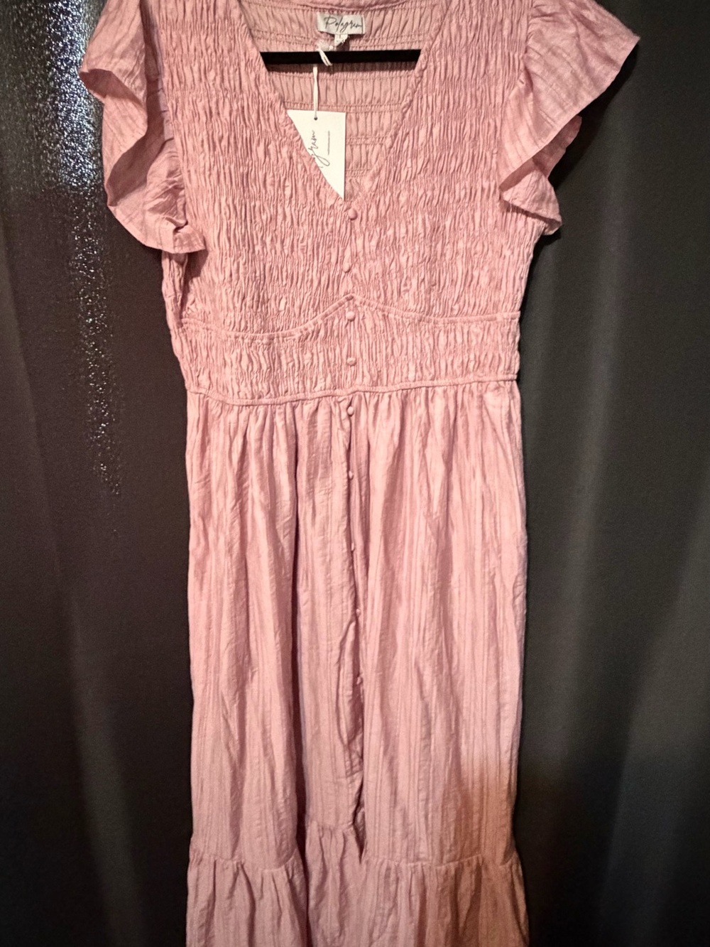 Polagram Dusty Pink Smocked Midi Dress with Flutter Sleeves